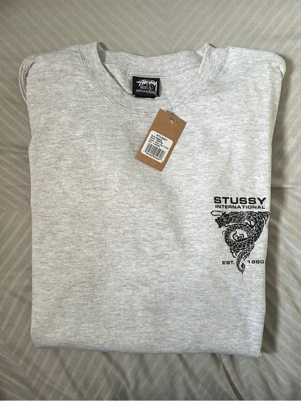 Stussy Gray Short-Sleeve Tee with Black Dragon Chest Graphic